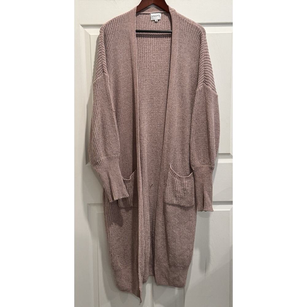 SNDYS. Open Front Pocketed Chenille Knitted Long Cardigan Pink Rose Mauve Size M